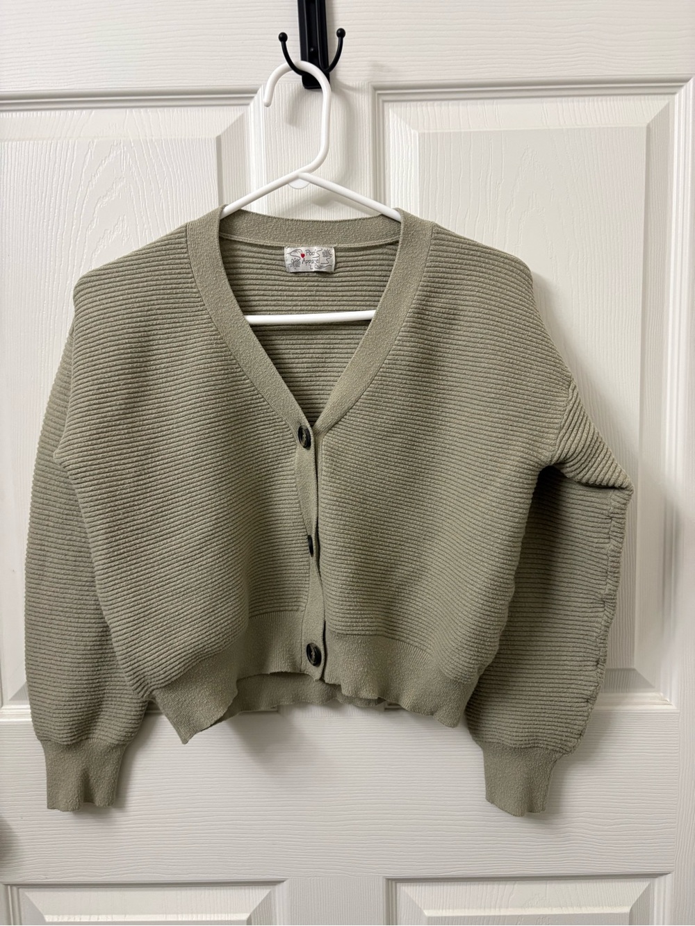 Cropped Olive Ribbed V-Neck Button Cardigan - Unbranded